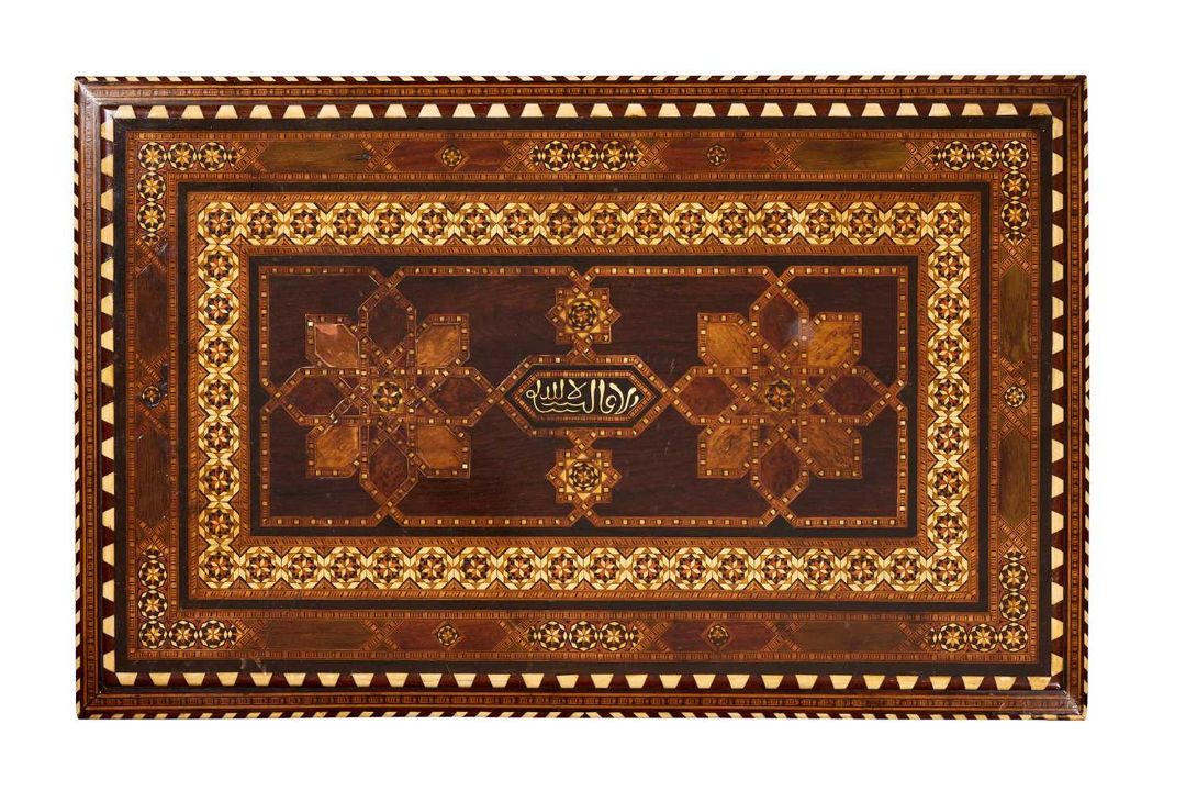 AN EARLY 20TH CENTURY HISPANO MORESQUE BONE INLAID TABLE AND MIRROR - Image 2 of 2