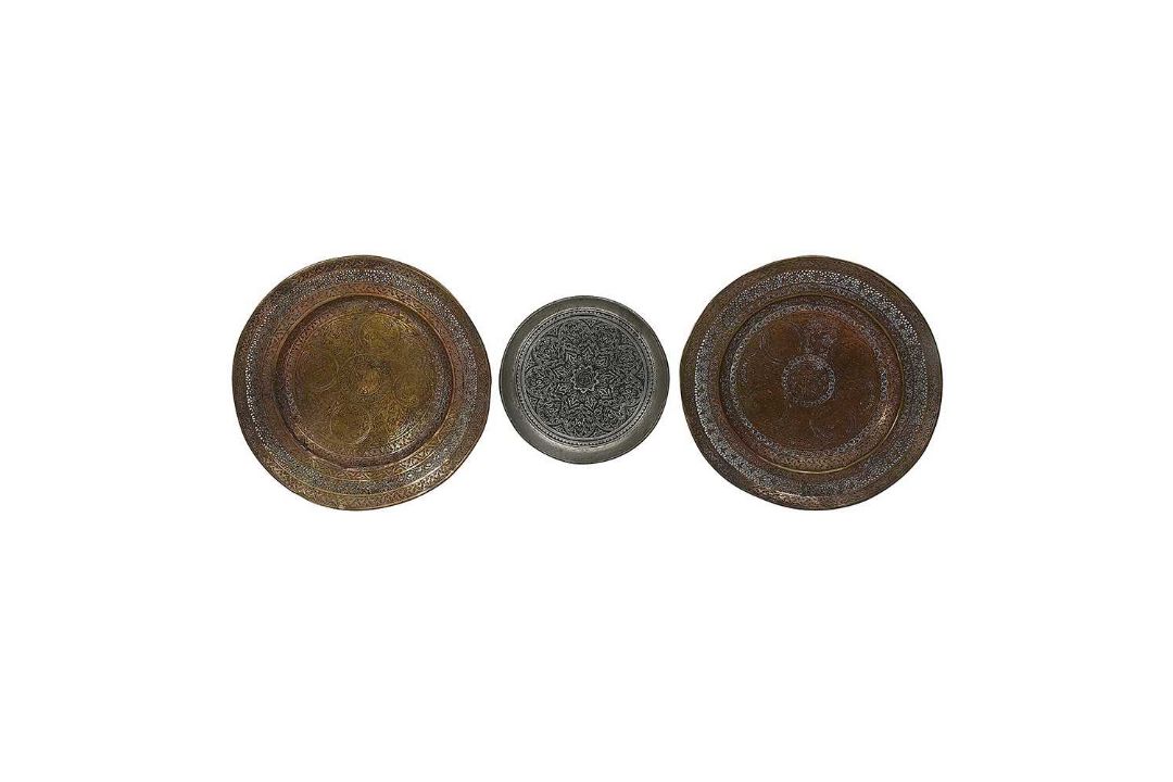 A PAIR OF 19TH CENTURY PERSIAN PIERCED BRASS DISHES TOGETHER WITH ANOTHER