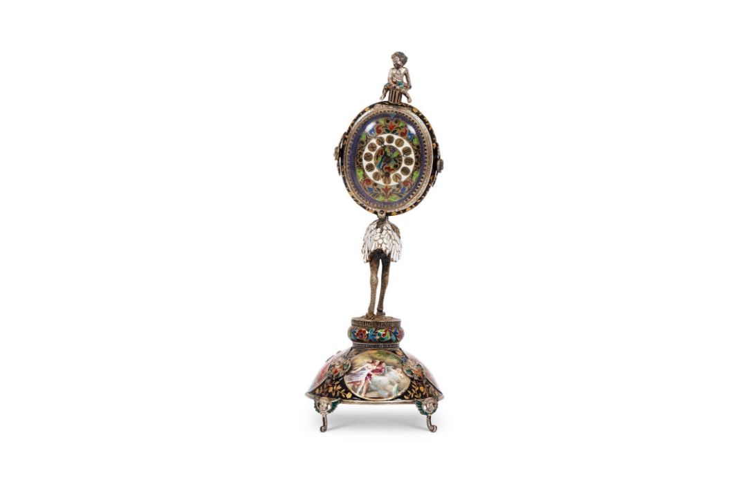 A FINE 19TH CENTURY VIENNESE ENAMEL AND SILVER TABLE CLOCK IN THE MANNER OF HERMANN RATZERSDORFER - Image 2 of 3