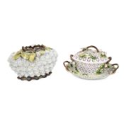 A 19TH CENTURY ENGLISH FLORAL ENCRUSTED VASE TOGETHER WITH A CHESTNUT BASKET AND COVER