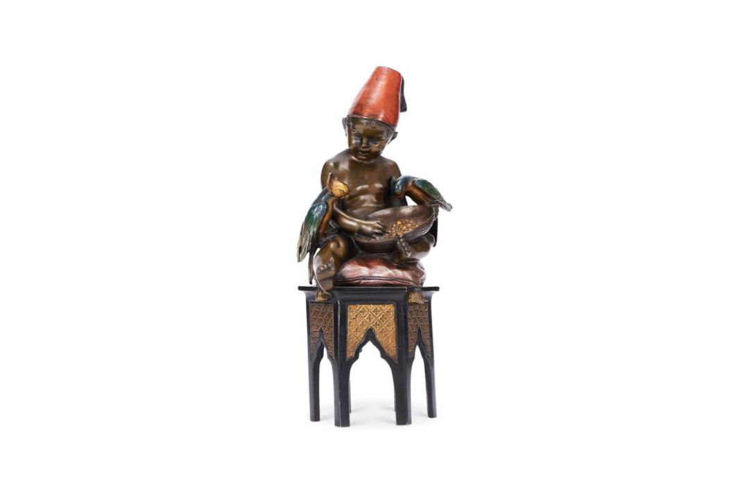 RICHARD THUSS (AUSTRIAN, FL. EARLY 20TH C): AN ORIENTALIST COLD PAINTED BRONZE OF A BOY WITH PARROTS - Image 1 of 2