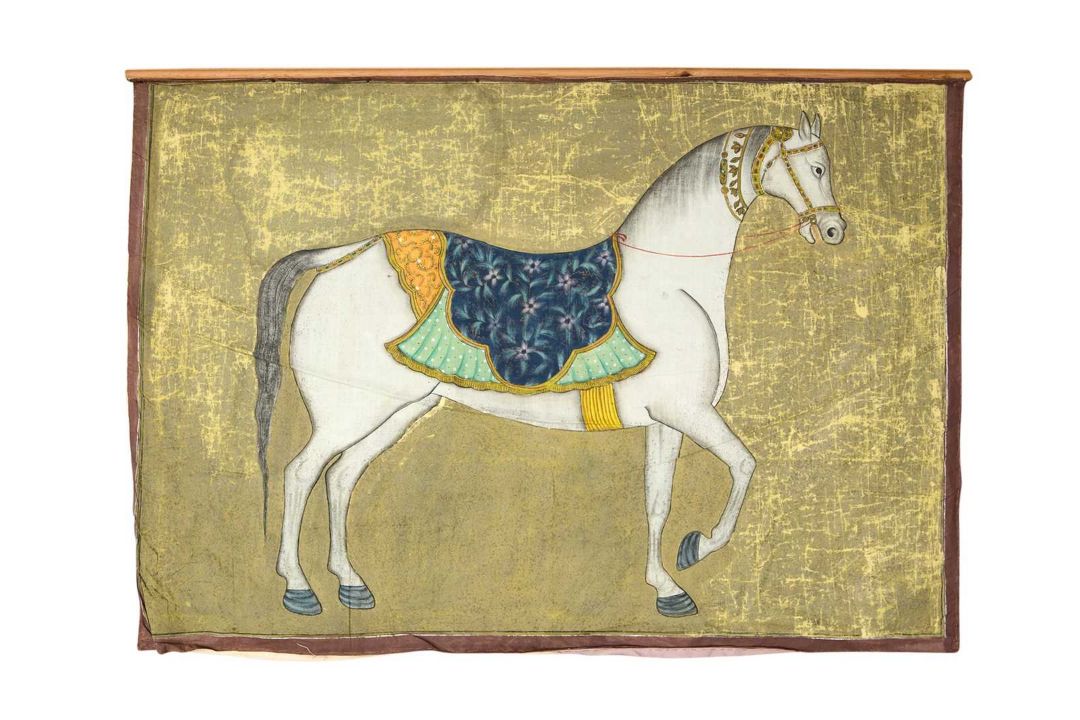 A LARGE EARLY 20TH CENTURY INDIAN GOUACHE ON LINEN PANEL OF A HORSE