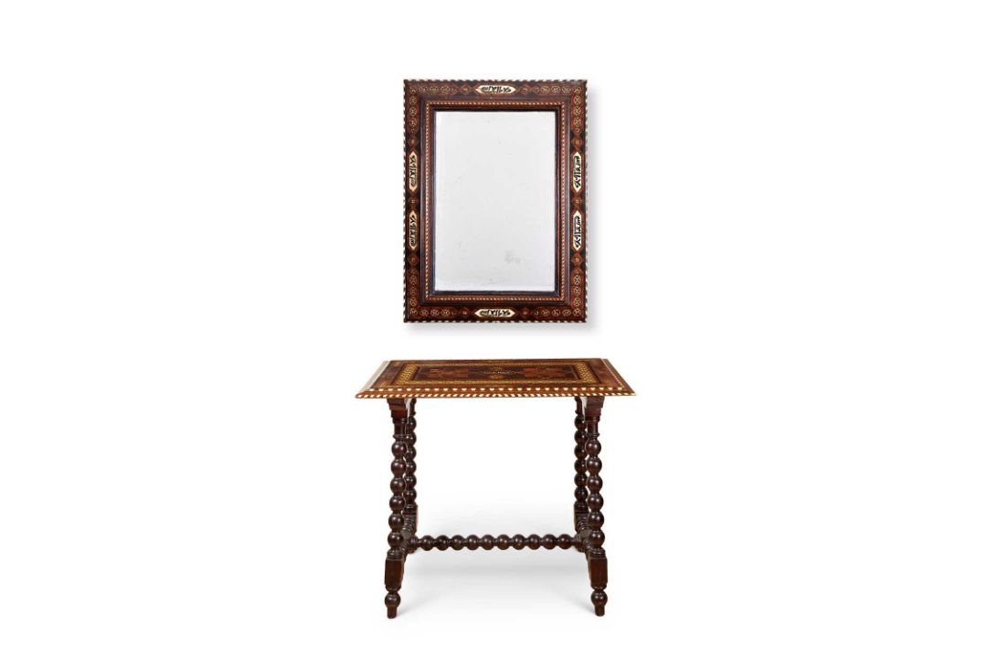 AN EARLY 20TH CENTURY HISPANO MORESQUE BONE INLAID TABLE AND MIRROR - Image 1 of 2