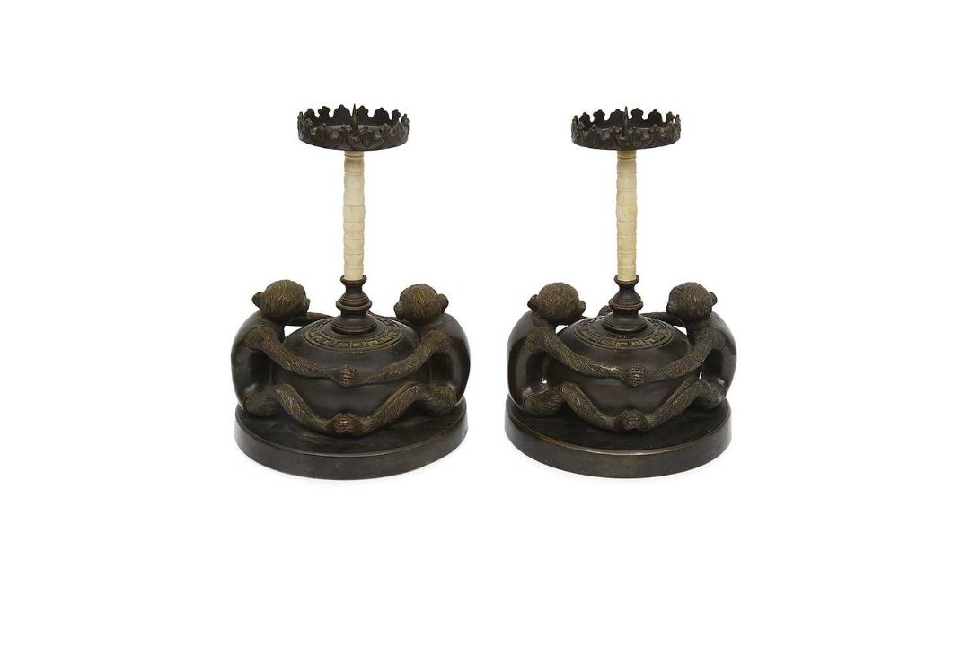 A PAIR OF MID 20TH CENTURY BRONZE AND CAMEL BONE MONKEY CANDLESTICKS - Image 2 of 3