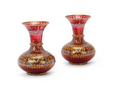 A FINE PAIR OF 19TH CENTURY ENAMELLED AND GILT DECORATED GLASS VASES