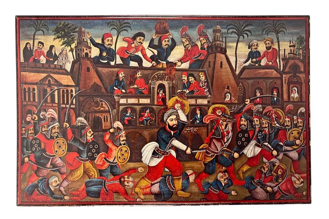 A VERY LARGE 19TH CENTURY QAJAR PAINTING OF THE BATTLE OF KARBALA - Image 1 of 9