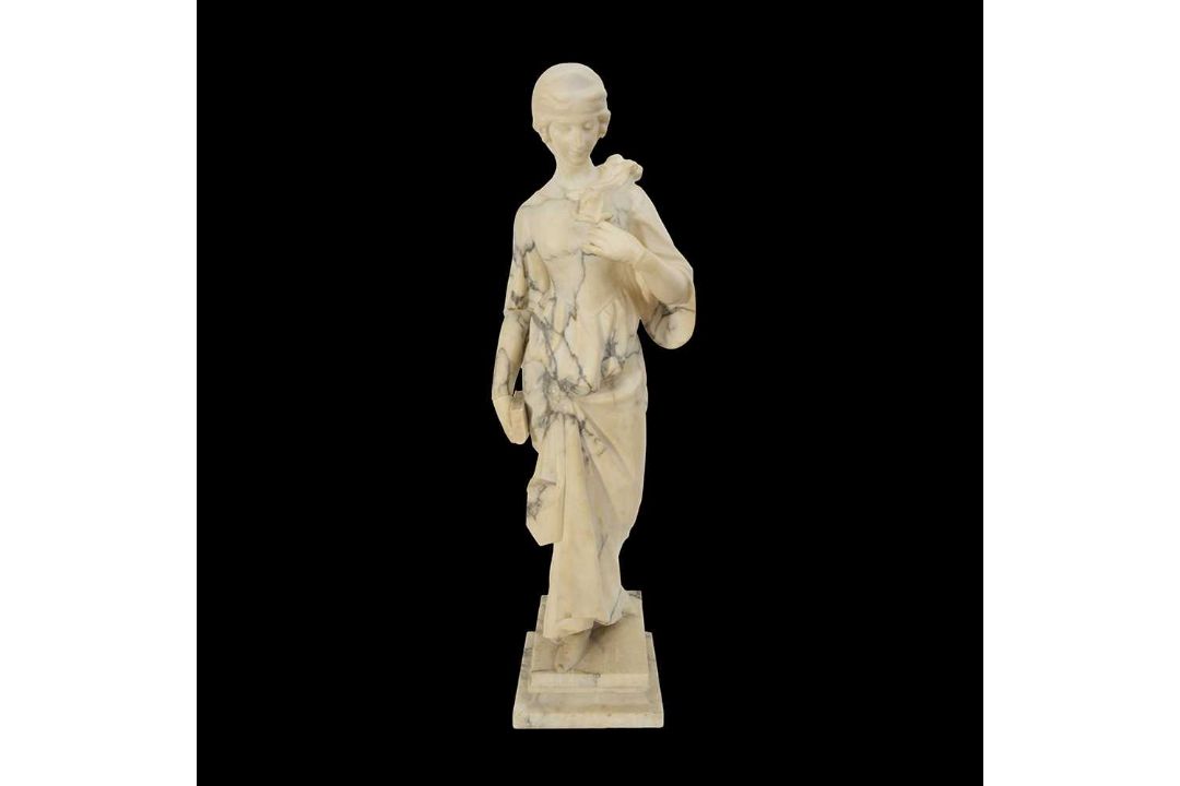 A LATE 19TH CENTURY ITALIAN CARVED ALABASTER FIGURE OF A MEDIEVAL MAIDEN - Image 1 of 3