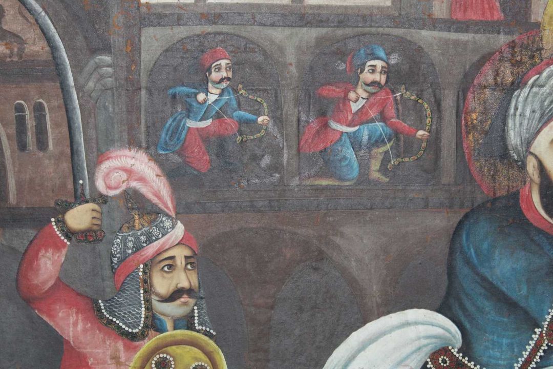 A VERY LARGE 19TH CENTURY QAJAR PAINTING OF THE BATTLE OF KARBALA - Image 7 of 9