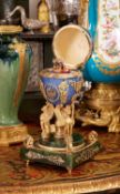 A LARGE FABERGE STYLE DIAMOND ENCRUSTED, GUILLOCHE ENAMEL, SILVER GILT AND NEPHRITE SURPRISE EGG