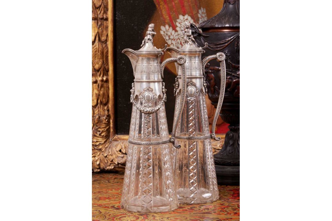A PAIR OF LATE 19TH CENTURY SILVER MOUNTED CUT GLASS CLARET JUGS - Image 1 of 3
