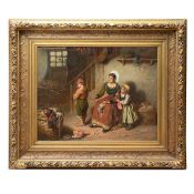 A LARGE 19TH CENTURY CONTINENTAL GENRE PAINTING OF A MOTHER AND CHILDREN