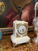 A LATE 19TH CENTURY FRENCH BRONZE AND MARBLE FIGURAL MANTEL CLOCK