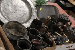 TWO TRAYS OF VINTAGE PEWTER ETC TO INC TANKARDS, CHARGER ETC