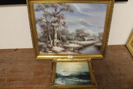 TWO GILT FRAMED OIL ON CANVAS OF A RIVER SCENE AND A ROCKY COASTAL ROAD