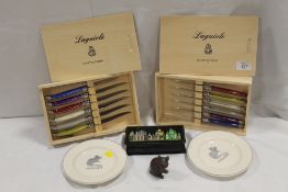 TWO BOXED SETS OF SCOTTS OF STOW KNIVES, TWO EMMA BRIDGEWATER MOUSEY PLATES ETC
