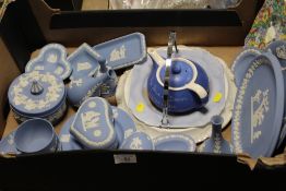 A TRAY OF MOSTLY WEDGWOOD BLUE JASPERWARE