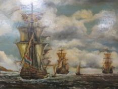 A GILT FRAMED OIL ON BOARD OF DUTCH SAIL SHIPS, INDISTINCTLY SIGNED LOWER LEFT G. RODERICK;