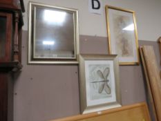 A MODERN SILVER FRAMED RECTANGULAR MIRROR AND TWO MODERN PRINTS