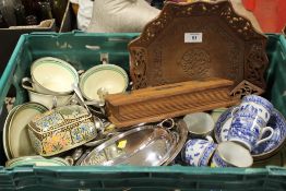 A TRAY OF ASSORTED CERAMICS ETC TO INC ORIENTAL COFFEE CANS AND SAUCERS