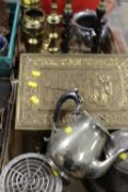 TWO TRAYS OF METALWARE ETC TO INC BRASS COVERED SLIPPER BOX, BARLEYTWIST CANDLESTICKS, HORSE BRASSES