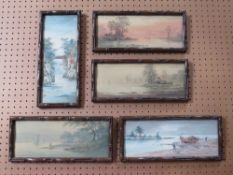 A SET OF FIVE ORIENTAL RIVER LANDSCAPES WITH FIGURES AND BOATS, one bearing character mark lower