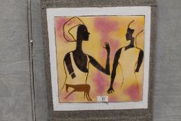 AN UNUSUAL NORTH AFRICAN STYLE ENAMEL ON COPPER PICTURE OF TWO LADIES