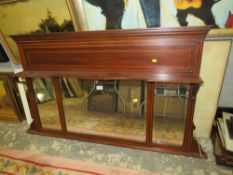 AN EDWARDIAN MAHOGANY INLAID OVERMANTEL MIRROR H-78 W-137 CM