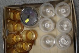 A TRAY OF GLASSWARE TO INCLUDE A ELKINGTON & CO SILVER PLATED AND GLASS CRACKER BARREL, STEWART