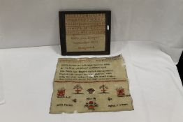TWO VINTAGE SAMPLERS - MELIA PARKIN AGE 9 1826 (UNFRAMED & A/F ) PLUS MARY ANN HODGES 1873 (FRAMED)