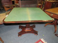 A 19TH CENTURY ROSEWOOD FOLD-OVER CARD TABLE ON AN OCCASIONAL SHAPED COLUMN W-91 CM