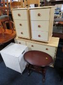 A LARGE MODERN CHEST OF DRAWERS AND A PAIR OF BEDSIDE CHESTS, OCCASIONAL TABLE AND LINEN BOX (5)