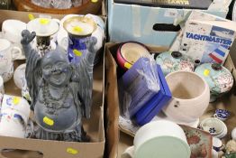 TWO TRAYS OF CERAMICS ETC TO INC A PAIR OF CLOISONNE VASES A/F, LAUGHING BUDDHA ETC