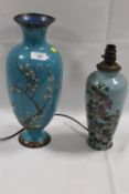 A LIGHT BLUE GROUND CLOISONNE VASE, TOGETHER WITH A SIMILAR LAMP BASE - BOTH A/F