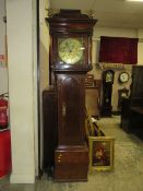 AN ANTIQUE BRASS FACED RICHARD SCHOFIELD 30 HOUR LONGCASE CLOCK - PENDULUM AND WEIGHT