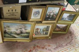 A QUANTITY OF GILT FRAMED PICTURES TO INCLUDE A SMALL PARISIAN STYLE OIL ON CANVAS