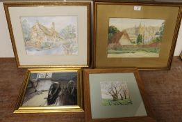 THREE FRAMED AND GLAZED WATERCOLOURS TOGETHER WITH A FRAMED AND GLAZED PRINT (4)