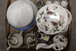 A TRAY OF ASSORTED CERAMICS TO INC ROYAL ALBERT COUNTRY WALK COLLECTION PLATES, ROYAL COPENHAGEN