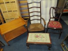 AN EDWARDIAN EBONISED BEDROOM CHAIR, BALL AND CLAW STOOL, OAK WICKER CHAIR AND A RETRO TROLLEY (4)