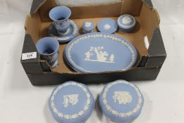 A SMALL TRAY OF WEDGWOOD BLUE JASPERWARE
