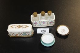 A LIMOGES CERAMIC MINIATURE THREE BOTTLE SCENT BOTTLE HOLDER - A/F TOGETHER WITH A HALCYON DAYS PILL
