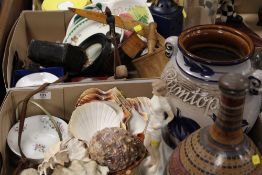 TWO TRAYS OF CERAMICS AND COLLECTABLES TO INCLUDE TREEN, BINOCULARS ETC