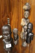 TWO TRIBAL ART EAST AFRICAN MAKONDE TANZANIA CARVED WOODEN BUSTS WITH FACIAL SCARIFICATION'S, AN