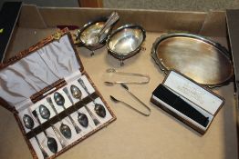 A PAIR OF HALLMARKED SILVER SUGAR TONGS TOGETHER WITH A SMALL QUANTITY OF SILVER PLATEDWARE