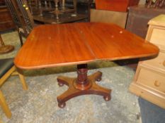 A 19TH CENTURY MAHOGANY FOLD-OVER TEA TABLE ON ACANTHUS COLUMN W-95 CM