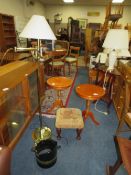 AN EDWARDIAN BEDROOM CHAIR, LAMP, TWO OCCASIONAL TABLES, STOOL ETC