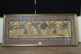 A LARGE FRAMED AND GLAZED CONTINENTAL PAINTING OF A GARDEN SCENE, OVERALL W 120 CM`