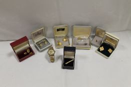 A SELECTION OF ASSORTED CUFFLINKS ETC TO INCLUDE A HALLMARKED 9CT GOLD TIE PIN, APPROX WEIGHT 1.8