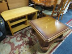 A MODERN OAK MEDIA CABINET WITH HEAVY COFFEE TABLE (2)