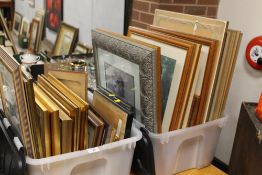TWO TRAYS OF FRAMED AND GLAZED PICTURES AND PRINTS