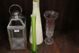 A SELECTION OF GLASS AND CERAMIC VASES ETC